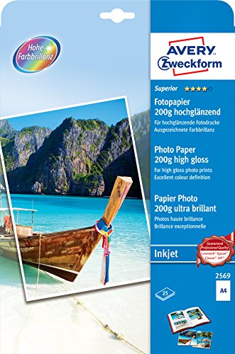 AVERY Zweckform 2569 Superior Inkjet Fotopapier (25 Blatt, 200 g/m², DIN A4 Papier, einseitig beschichtet, hochglänzend, ausgezeichnete Farbbrillanz, Tintenstrahldrucker, nach Druck sofort trocken) von AVERY Zweckform