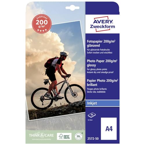 Avery Zweckform Art. 2572-50 Everyday Inkjet Fotopapier (50 Blatt, 200 g/m², DIN A4, glänzende Fotokarten, einseitig beschichtet, sofort trocken & wischfest, Fotoblätter für Inkjet-Drucker) weiß von AVERY Zweckform
