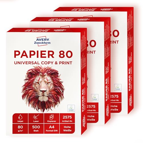 AVERY Zweckform 2575 Druckerpapier, Kopierpapier (1.500 Blatt, 80 g/m², DIN A4 Papier, weiß, für alle Drucker) 1 Box mit 3 Pack von AVERY Zweckform