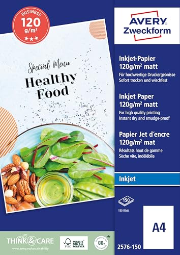 Avery Zweckform Art. 2576-150 Business Inkjet Papier (150 Blatt, 120 g/m², DIN A4, mattes Druckerpapier, einseitig beschichtet, sofort trocken & wischfest, Flyerpapier für Inkjet-Drucker) weiß Avery Zweckform Art. 2576-150 Business Inkjet Papier (150 Blatt, 120 g/m², DIN A4, mattes Druckerpapier, einseitig beschichtet, sofort trocken & wischfest, Flyerpapier für Inkjet-Drucker) weiß von AVERY Zweckform