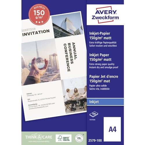 Avery Zweckform Art. 2579-100 Business Inkjet Papier (100 Blatt, 150 g/m², DIN A4, mattes Druckerpapier, einseitig beschichtet, sofort trocken & wischfest, Flyerpapier für Inkjet-Drucker) weiß von AVERY Zweckform