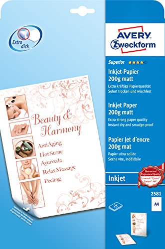 AVERY Zweckform 2581 Superior Inkjet Papier (25 Blatt, 200 g/m², DIN A4 Papier, beidseitig beschichtet, matt, FSC, Tintenstrahldrucker, Druck mit idealer Farbwiedergabe, sofort trocken & wischfest) von AVERY Zweckform