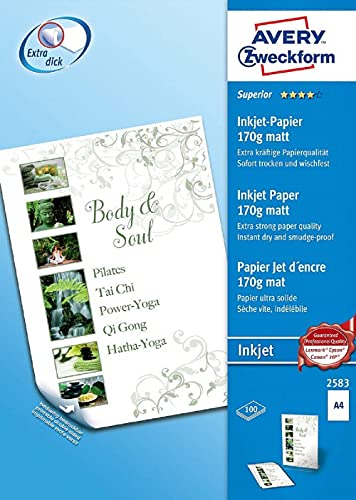 AVERY Zweckform 2583 Superior Inkjet Papier (100 Blatt, 170 g/m², DIN A4 Papier, beidseitig beschichtet, matt, FSC, Tintenstrahldrucker, Druck mit idealer Farbwiedergabe, sofort trocken & wischfest) von AVERY Zweckform