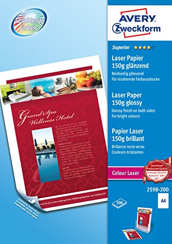 AVERY Zweckform 2598-200 Superior Colour Laser Papier (200 Blatt, 150 g/m², DIN A4 Papier, beidseitig beschichtet, glänzend, weiß, FSC, für Fotodrucke mit Farblaserdrucker) 1 Pack von AVERY Zweckform