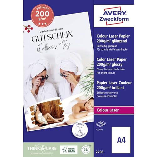 AVERY Zweckform 2798 Premium Colour Laser Papier (100 Blatt, 200 g/m², DIN A4 Papier, beidseitig beschichtet, hochglänzend, weiß, FSC, für Fotodrucke mit Farblaserdrucker) 1 Pack von AVERY Zweckform