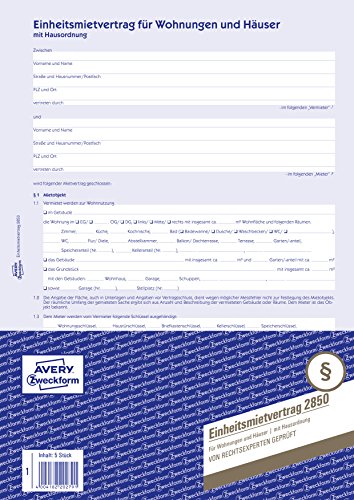 AVERY Zweckform 2850-5 Einheitsmietvertrag für Wohnungen und Häuser (Vertrag mit Hausordnung, regelt alle Punkte des Mietverhältnisses, 6-seitiges Formular in A4, selbstdurchschreibend) 5 Stück, blau von AVERY Zweckform