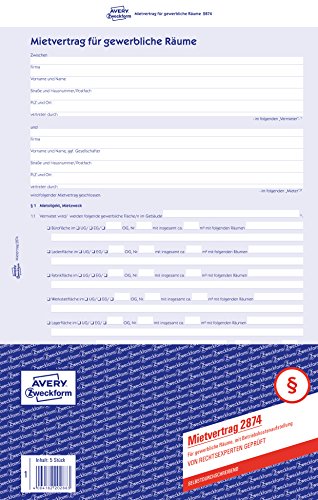 AVERY Zweckform 2874-5 Mietvertrag für gewerbliche Räume (Vertrag mit Vereinbarung über Mietzweck, Konkurrenzschutz und Werbemaßnahmen, 6-seitiges Formular in A4, selbstdurchschreibend) 5 Stück, blau von AVERY Zweckform