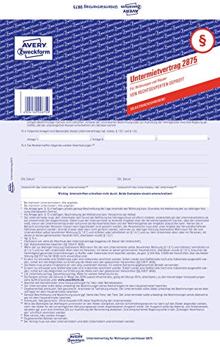 AVERY Zweckform 2875-5 Untermietvertrag für Wohnungen und Häuser (Vertrag mit Vereinbarung zur Kaution, 5-seitiges Formular in A4, selbstdurchschreibend) 5 Stück, blau von AVERY Zweckform