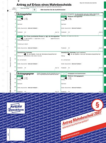 AVERY Zweckform 2887 Mahnbescheid Antrag (A4, selbstdurchschreibend, von Behörden anerkannt, mit Ausfüllhilfe, für Deutschland zum Einsetzen bei maschineller Abwicklung von Mahnverfahren) 1 Satz grün von AVERY Zweckform