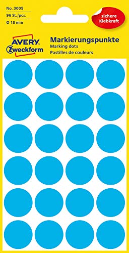 AVERY Zweckform 3005 selbstklebende Markierungspunkte 96 Stück (Ø18mm, Klebepunkte auf 4 Bogen, Punktaufkleber zur Farbcodierung, runde Aufkleber für Kalender, Planer und zum Basteln, Papier) blau von AVERY Zweckform