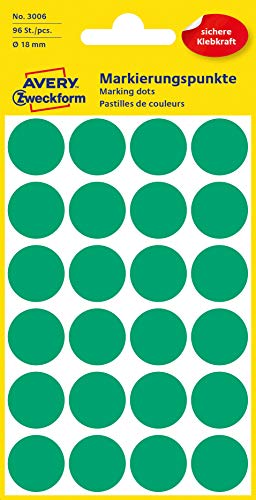 AVERY Zweckform 3006 selbstklebende Markierungspunkte 96 Stück (Ø18mm, Klebepunkte auf 4 Bogen, Punktaufkleber zur Farbcodierung, runde Aufkleber für Kalender, Planer und zum Basteln, Papier) grün von AVERY Zweckform