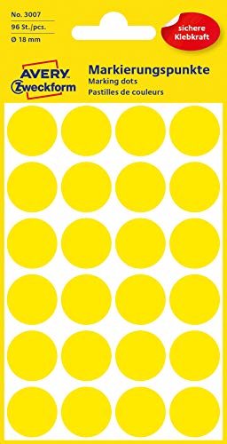 AVERY Zweckform 3007 selbstklebende Markierungspunkte 96 Stück (Ø18mm, Klebepunkte auf 4 Bogen, Punktaufkleber zur Farbcodierung, runde Aufkleber für Kalender, Planer und zum Basteln, Papier) gelb von AVERY Zweckform
