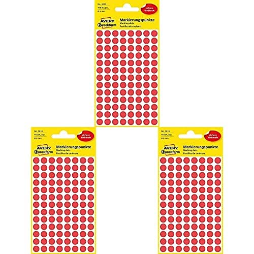 AVERY Zweckform 3010 selbstklebende Markierungspunkte 416 Stück (Ø 8mm, Klebepunkte auf 4 Bogen, Punktaufkleber zur Farbcodierung, runde Aufkleber für Kalender, Planer und zum Basteln) rot, 3er Pack von AVERY Zweckform