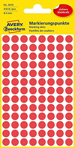 AVERY Zweckform 3010 selbstklebende Markierungspunkte 416 Stück (Ø 8mm, Klebepunkte auf 4 Bogen, Punktaufkleber zur Farbcodierung, runde Aufkleber für Kalender, Planer und zum Basteln, Papier) rot von AVERY Zweckform