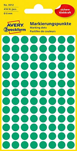 AVERY Zweckform 3012 selbstklebende Markierungspunkte 416 Stück (Ø8mm, Klebepunkte auf 4 Bogen, Punktaufkleber zur Farbcodierung, runde Aufkleber für Kalender, Planer und zum Basteln, Papier) grün von AVERY Zweckform