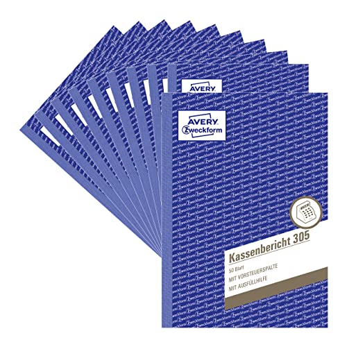AVERY Zweckform 305-10 Kassenbericht (A5, mikroperforiert, von Rechtsexperten geprüft, für Deutschland und Österreich zur ordnungsgemäßen, kostengünstigen Buchführung, 50 Blatt) 10er-Pack, weiß von AVERY Zweckform