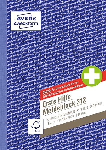 AVERY Zweckform 312 Erste Hilfe Meldeblock nach DGUV Information 204-020 (A5, 50 Originale, Verbandbuch zur Dokumentation von Unfällen/Hilfeleistungen im Betrieb, von Rechtsexperten geprüft) von AVERY Zweckform