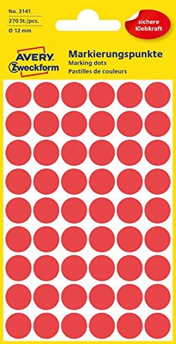 AVERY Zweckform 3141 selbstklebende Markierungspunkte 270 Stück (Ø12mm, Klebepunkte auf 5 Bogen, Punktaufkleber zur Farbcodierung, runde Aufkleber für Kalender, Planer und zum Basteln, Papier) rot von AVERY Zweckform