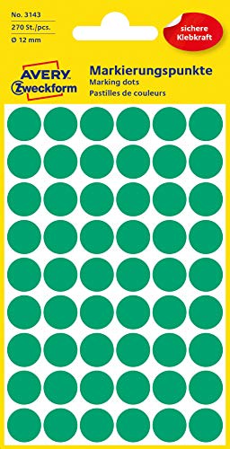 AVERY Zweckform 3143 selbstklebende Markierungspunkte 270 Stück (Ø12mm, Klebepunkte auf 5 Bogen, Punktaufkleber zur Farbcodierung, runde Aufkleber für Kalender, Planer und zum Basteln, Papier) grün von AVERY Zweckform