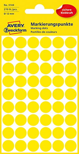 AVERY Zweckform 3144 selbstklebende Markierungspunkte 270 Stück (Ø12mm, Klebepunkte auf 5 Bogen, Punktaufkleber zur Farbcodierung, runde Aufkleber für Kalender, Planer und zum Basteln, Papier) gelb von AVERY Zweckform