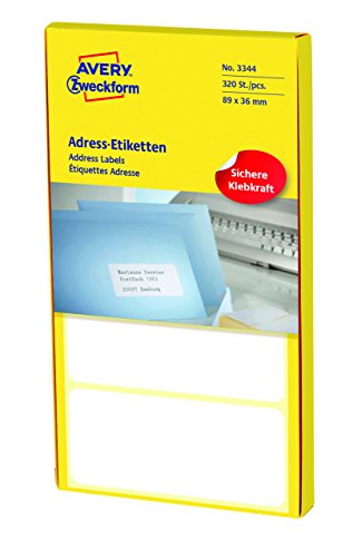 AVERY Zweckform 3344 Adress-Etiketten (Papier matt, 320 Etiketten, 89 x 36 mm) 1 Pack weiß von AVERY Zweckform