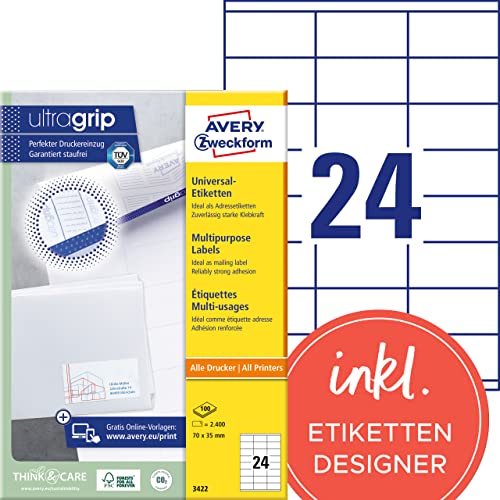 AVERY Zweckform 3422 Adressaufkleber (2.400 Klebeetiketten, 70x35mm auf A4, Papier matt, bedruckbare Absenderetiketten, selbstklebende Adressetiketten mit ultragrip) 100 Blatt, weiß von AVERY Zweckform