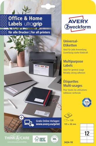 AVERY Zweckform 3424-10 Adressaufkleber (120 Klebeetiketten, 105x48mm auf A4, bedruckbare Absenderetiketten, selbstklebende Adressetiketten mit ultragrip, ideal fürs HomeOffice) 10 Blatt, weiß von AVERY Zweckform