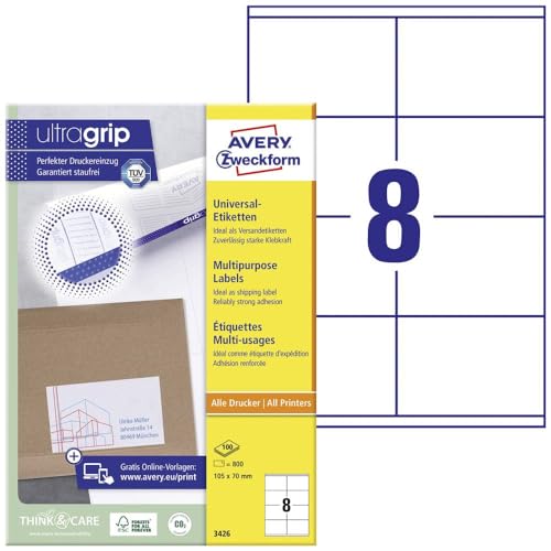 AVERY Zweckform 3426 Universal Etiketten (800 Klebeetiketten, 105x70mm auf A4, Papier matt, bedruckbare Versandetiketten, selbstklebende Versandaufkleber mit ultragrip) 100 Blatt, weiß von AVERY Zweckform