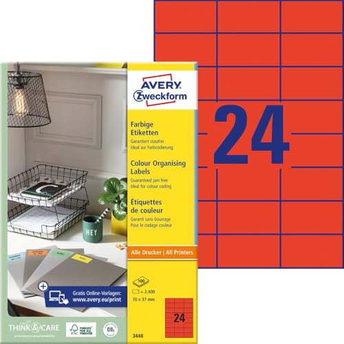 AVERY Zweckform 3448 Rote Etiketten (2.400 Aufkleber, 70x37mm auf A4, permanent haftend, selbstklebende Farbetiketten, Papier matt, bedruckbare, farbige Klebeetiketten) 100 Blatt von AVERY Zweckform