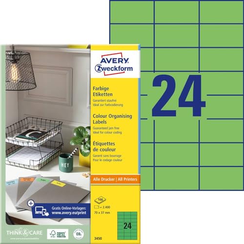 AVERY Zweckform 3450 Grüne Etiketten (2.400 Aufkleber, 70x37mm auf A4, permanent haftend, selbstklebende Farbetiketten, Papier matt, bedruckbare, farbige Klebeetiketten) 100 Blatt von AVERY Zweckform