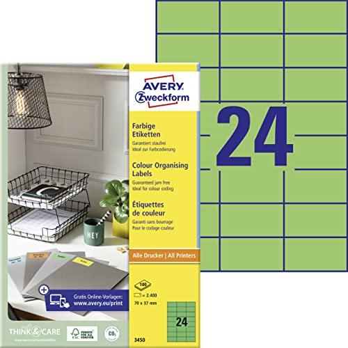 AVERY Zweckform 3450 Grüne Etiketten (2.400 Aufkleber, 70x37mm auf A4, permanent haftend, selbstklebende Farbetiketten, Papier matt, bedruckbare, farbige Klebeetiketten) 100 Blatt von AVERY Zweckform