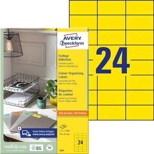 AVERY Zweckform 3451 Gelbe Etiketten (2.400 Aufkleber, 70x37mm auf A4, permanent haftend, selbstklebende Farbetiketten, Papier matt, bedruckbare, farbige Klebeetiketten) 100 Blatt von AVERY Zweckform