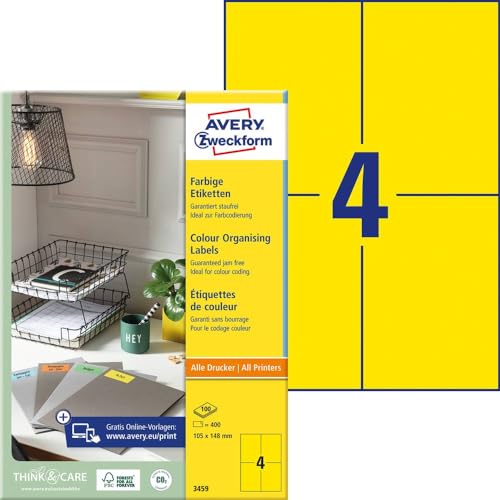 AVERY Zweckform 3459 Gelbe Etiketten (400 Aufkleber, 105x148mm auf A4, permanent haftend, selbstklebende Farbetiketten, Papier matt, bedruckbare, farbige Klebeetiketten) 100 Blatt von AVERY Zweckform