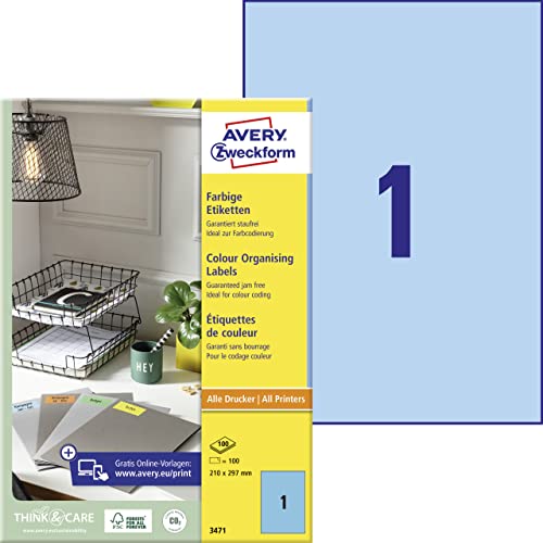 AVERY Zweckform 3471 Blaue Etiketten (100 Aufkleber, 210x297mm auf A4, permanent haftend, selbstklebende Farbetiketten, Papier matt, bedruckbare, farbige Klebeetiketten) 100 Blatt von AVERY Zweckform