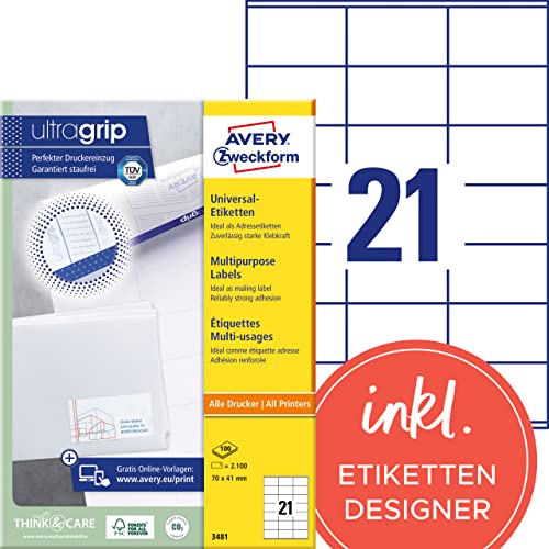 AVERY Zweckform 3481 Adressaufkleber (2.100 Klebeetiketten, 70x41mm auf A4, Papier matt, bedruckbare Absenderetiketten, selbstklebende Adressetiketten mit ultragrip) 100 Blatt, weiß von AVERY Zweckform