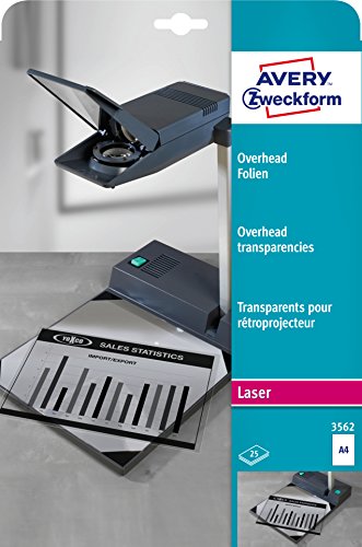 AVERY Zweckform 3562 Overhead-Folien für S/W Laserdrucker und -Kopierer (25 Transparentfolien, A4, spezialbeschichtet, stapelverarbeitbar, Folienstärke 0,10mm, lösemittelfrei) von AVERY Zweckform