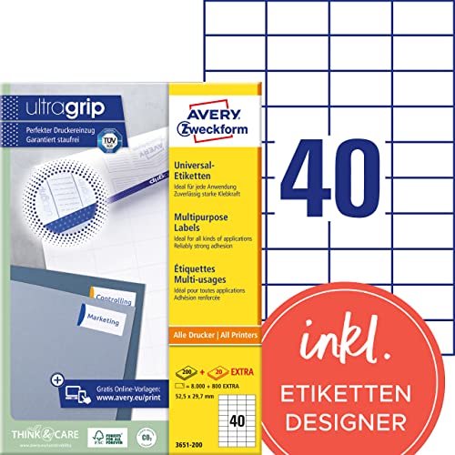 AVERY Zweckform 3651-200 Universal Etiketten (8.000 plus 800 Klebeetiketten extra, 52,5x29,7mm auf A4, Papier matt, individuell bedruckbar, selbstklebende Aufkleber mit ultragrip) 220 Blatt, weiß von AVERY Zweckform