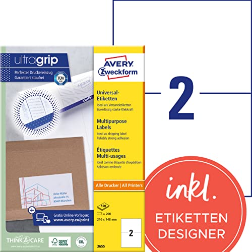 AVERY Zweckform 3655 Universal Etiketten (200 Klebeetiketten, 210x148mm auf A4, bedruckbare Versandetiketten, selbstklebende Versandaufkleber mit ultragrip, DHL) 100 Blatt, weiß von AVERY Zweckform