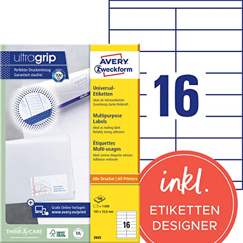 AVERY Zweckform 3665 Adressaufkleber (1.600 Klebeetiketten, 105x33,8mm auf A4, Papier matt, individuell bedruckbare Absenderetiketten, selbstklebende Adressetiketten mit ultragrip) 100 Blatt, weiß von AVERY Zweckform