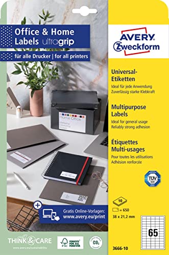 AVERY Zweckform 3666-10 Adressaufkleber (650 Klebeetiketten, 38x21,2 mm auf A4, bedruckbare Absenderetiketten, selbstklebende Adressetiketten mit ultragrip, ideal fürs HomeOffice) 10 Blatt, weiß von AVERY Zweckform