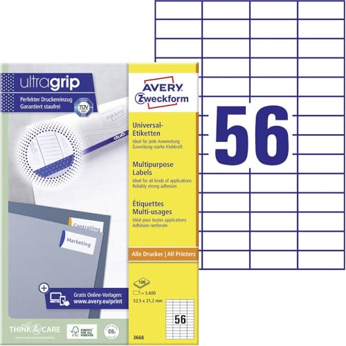 AVERY Zweckform 3668 Universal Etiketten (5.600 Klebeetiketten, 52,5x21,2mm auf A4, Papier matt, individuell bedruckbar, selbstklebende Aufkleber mit ultragrip) 100 Blatt, weiß von AVERY Zweckform