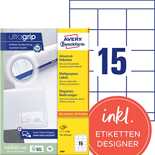 AVERY Zweckform 3669 Adressaufkleber (1.500 Klebeetiketten, 70x50,8mm auf A4, Papier matt, bedruckbare Absenderetiketten, selbstklebende Adressetiketten mit ultragrip) 100 Blatt, weiß von AVERY Zweckform