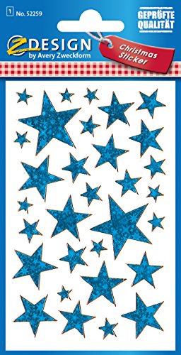 AVERY Zweckform 38 Aufkleber Weihnachten Sterne blau (Weihnachtssticker aus Effektfolie, selbstklebende Weihnachtsdeko für Karten, Geschenke, Tüten, Weihnachtspost) 1 Bogen/28 Sternsticker, 52259 von AVERY Zweckform
