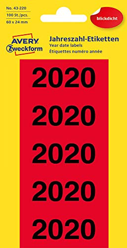 AVERY Zweckform 43-220 Jahreszahlen (Etiketten 60x24mm, Aufdruck 2020, 100 Aufkleber auf 20 Bögen, blickdicht) Rot von AVERY Zweckform