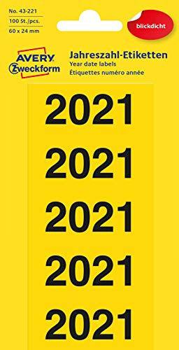 AVERY Zweckform 43-221 Jahreszahlen Aufkleber für Ordner (Etiketten 60x24 mm, Aufdruck 2021, 100 Aufkleber auf 20 Bogen, blickdicht, selbstklebend und permanent haftend) gelb von AVERY Zweckform