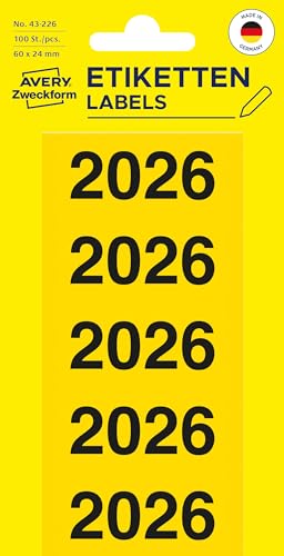 AVERY Zweckform 43-226 Jahreszahlen Aufkleber 2026 selbstklebend (60x24 mm, 100 Jahreszahl-Etiketten mit Aufdruck 2026, für Ordner, absolut blickdicht, permanent haftend) 20 Bogen, gelb von AVERY Zweckform