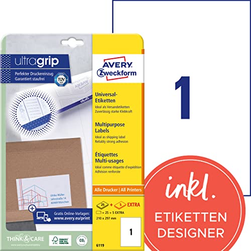 AVERY Zweckform 6119 Universal Etiketten (25 plus 5 Klebeetiketten extra, 210x297mm auf A4, Papier matt, bedruckbare Versandetiketten, selbstklebende Versandaufkleber mit ultragrip) 30 Blatt, weiß von AVERY Zweckform