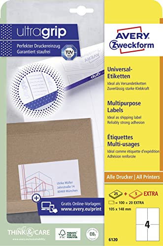 AVERY Zweckform 6120 Universal Etiketten (100 plus 20 Klebeetiketten extra, 105x148mm auf A4, Papier matt, bedruckbare Versandetiketten, selbstklebende Versandaufkleber mit ultragrip) 30 Blatt, weiß von AVERY Zweckform