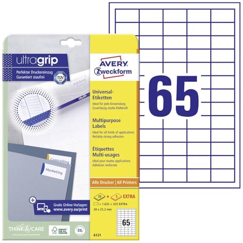 AVERY Zweckform 6121 Universal Etiketten (1.625 plus 325 Klebeetiketten extra, 38x21,2mm auf A4, Papier matt, individuell bedruckbar, selbstklebende Aufkleber mit ultragrip) 30 Blatt, weiß von AVERY Zweckform