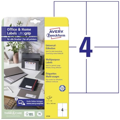 AVERY Zweckform 6124 Universal Etiketten (40 Klebeetiketten, 105x148 mm auf A4, bedruckbare Adressaufkleber, selbstklebende Versandetiketten mit ultragrip, ideal fürs HomeOffice) 10 Blatt, weiß von AVERY Zweckform